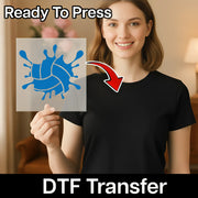 A woman is holding up a transparent sheet with a blue splash design on it, and there is text overlay that says "Ready To Press" and "DTF Transfer".