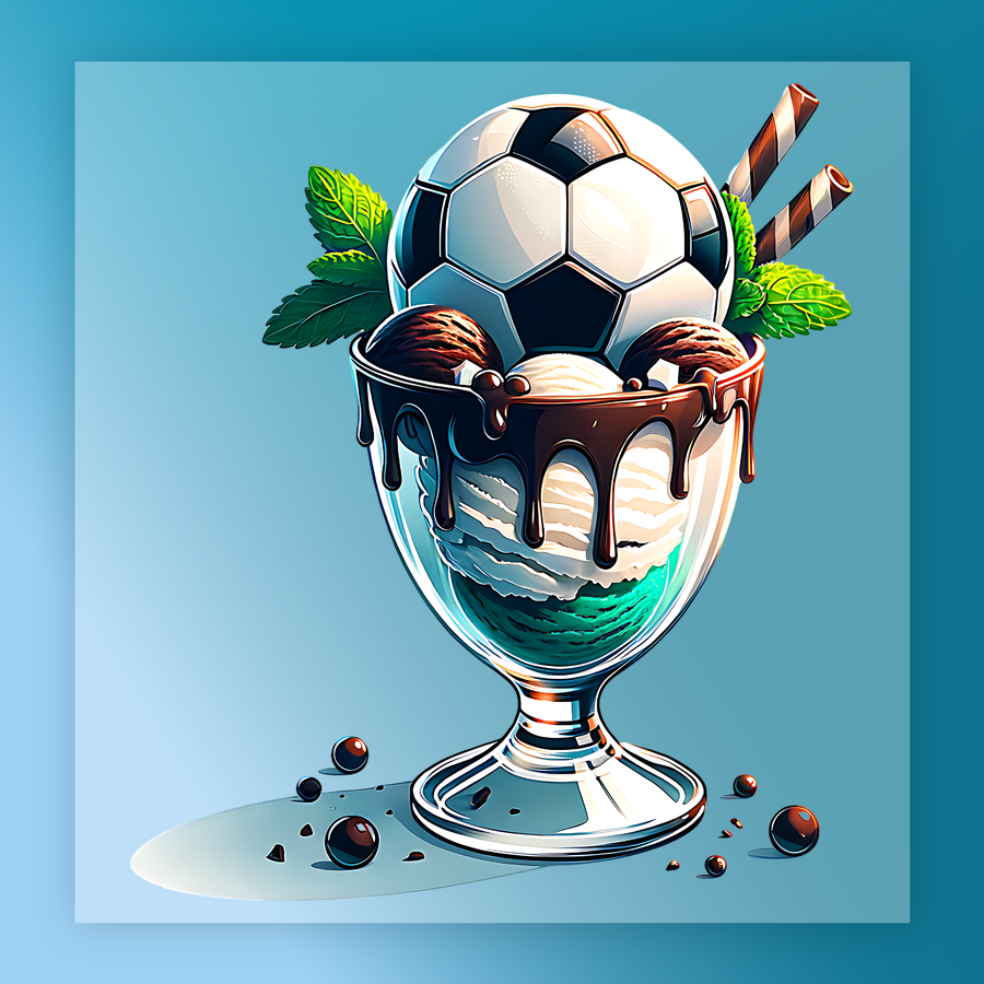 A glass filled with ice cream, topped with a soccer ball, surrounded by mint leaves and chocolate pieces.