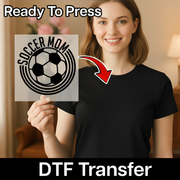 A smiling woman holding a sign with a soccer ball logo, and there is a red arrow pointing to the sign.