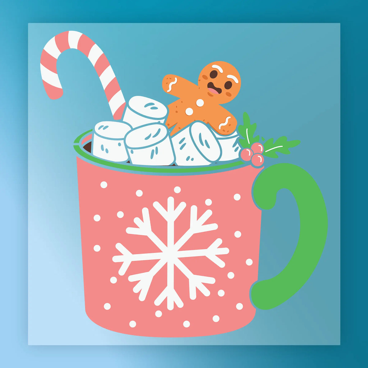 The InkMerge Festive Gingerbread Mug Design - Heat Press Ready features a pink mug with a white snowflake, filled with marshmallows, a candy cane, and gingerbread cookie on a blue background—ideal for holiday mugs using DTF transfer or heat press.