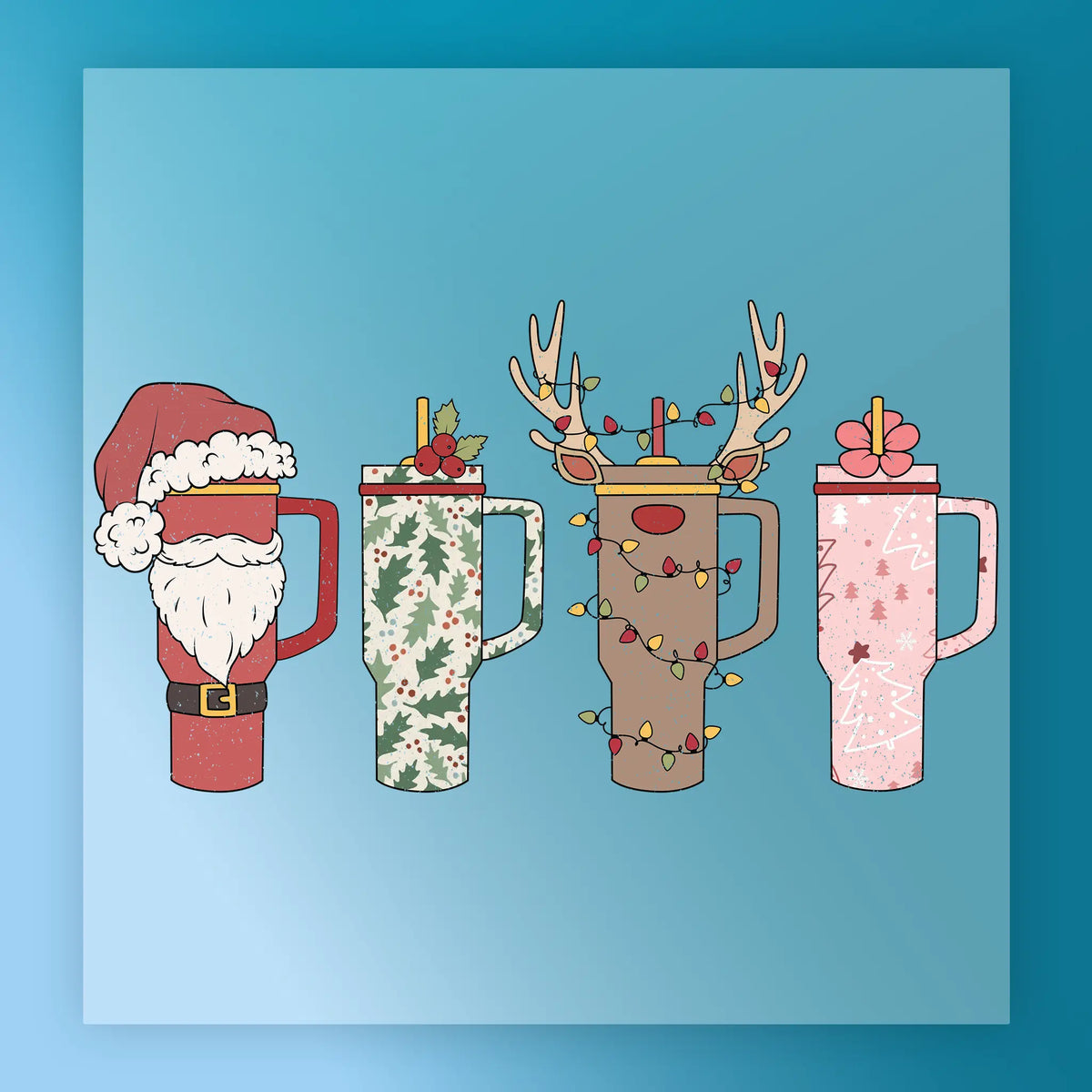 Four InkMerge Festive Drinkware Holiday Design mugs displayed on blue feature Santa, holly leaves, a reindeer with lights, and a pink mug with bow and stars—ideal for your next DTF transfer or heat press project.