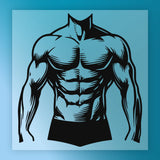 A muscular, black and white illustration of a muscular torso against a blue background.