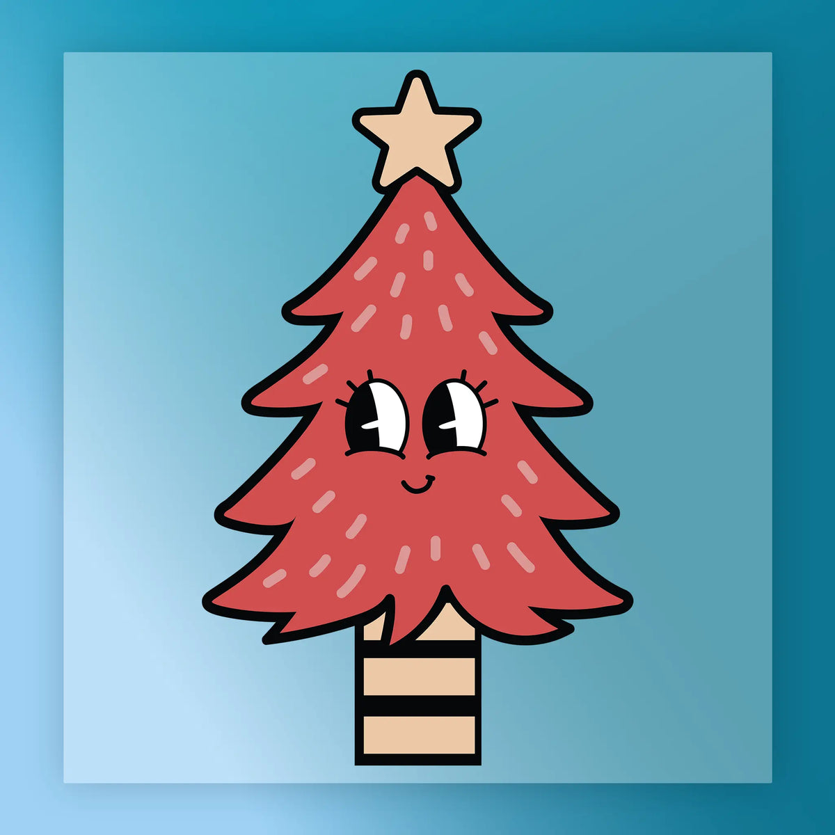 The Kawaii Christmas Tree Design by InkMerge features a cartoon red tree with a star and smiling face, set on a blue gradient background—ideal for custom apparel or screen printing projects.