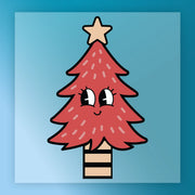 The Kawaii Christmas Tree Design by InkMerge features a cartoon red tree with a star and smiling face, set on a blue gradient background—ideal for custom apparel or screen printing projects.