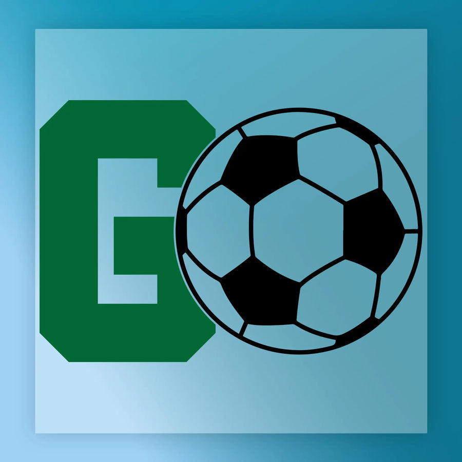 a soccer ball and a large green letter "G" against a blue background.