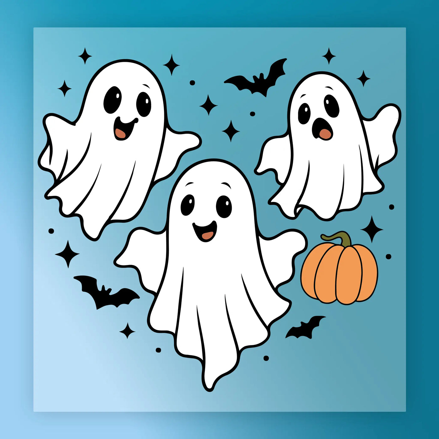 A group of three friendly-looking ghost characters floating in the air, accompanied by bats and a pumpkin, against a blue background with stars.