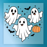 A group of three friendly-looking ghost characters floating in the air, accompanied by bats and a pumpkin, against a blue background with stars.