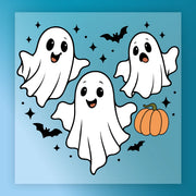 A group of three friendly-looking ghost characters floating in the air, accompanied by bats and a pumpkin, against a blue background with stars.