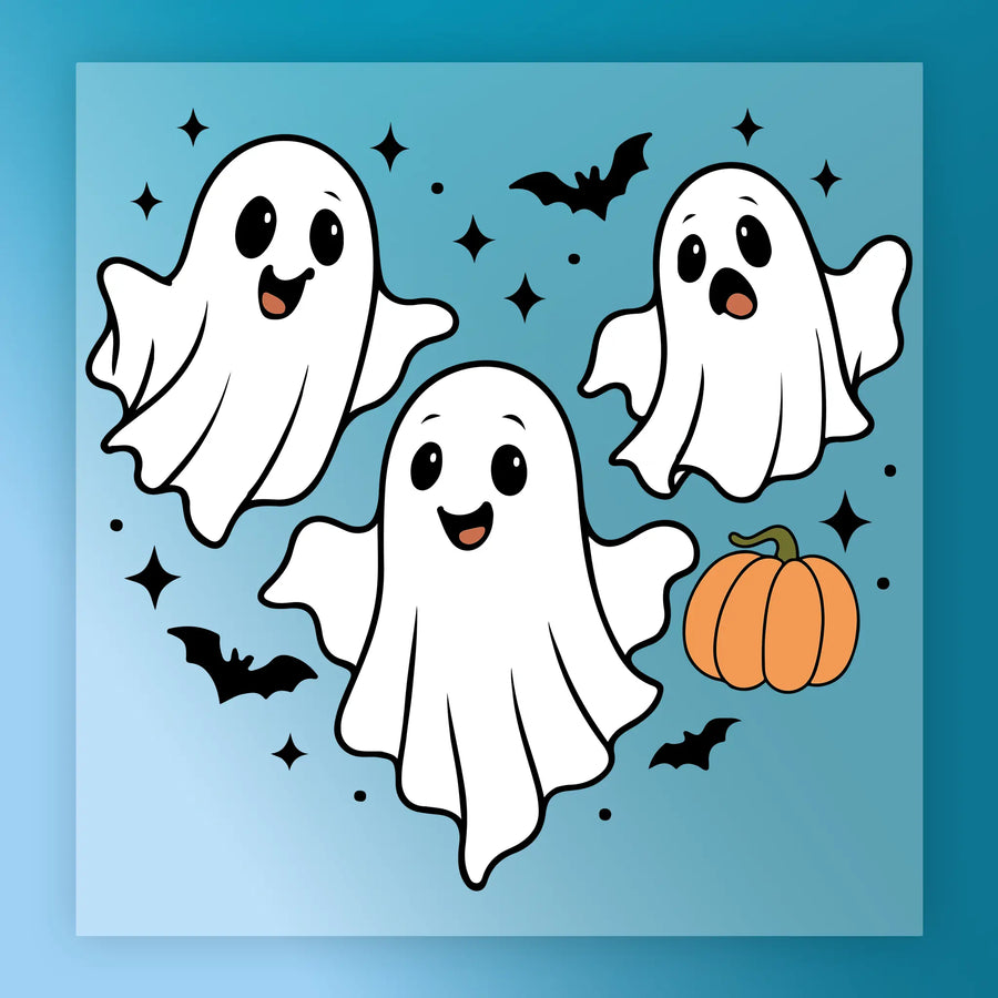 A group of three friendly-looking ghost characters floating in the air, accompanied by bats and a pumpkin, against a blue background with stars.