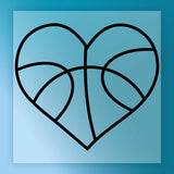 A heart-shaped symbol composed of black lines against a blue background.