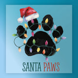 The InkMerge Santa Paws Christmas DTF Transfer features a black paw print with a red Santa hat and colorful lights on blue, “SANTA PAWS” below in green and red—perfect for your holiday DTF projects. 8-pass pre-cured, ready to press.