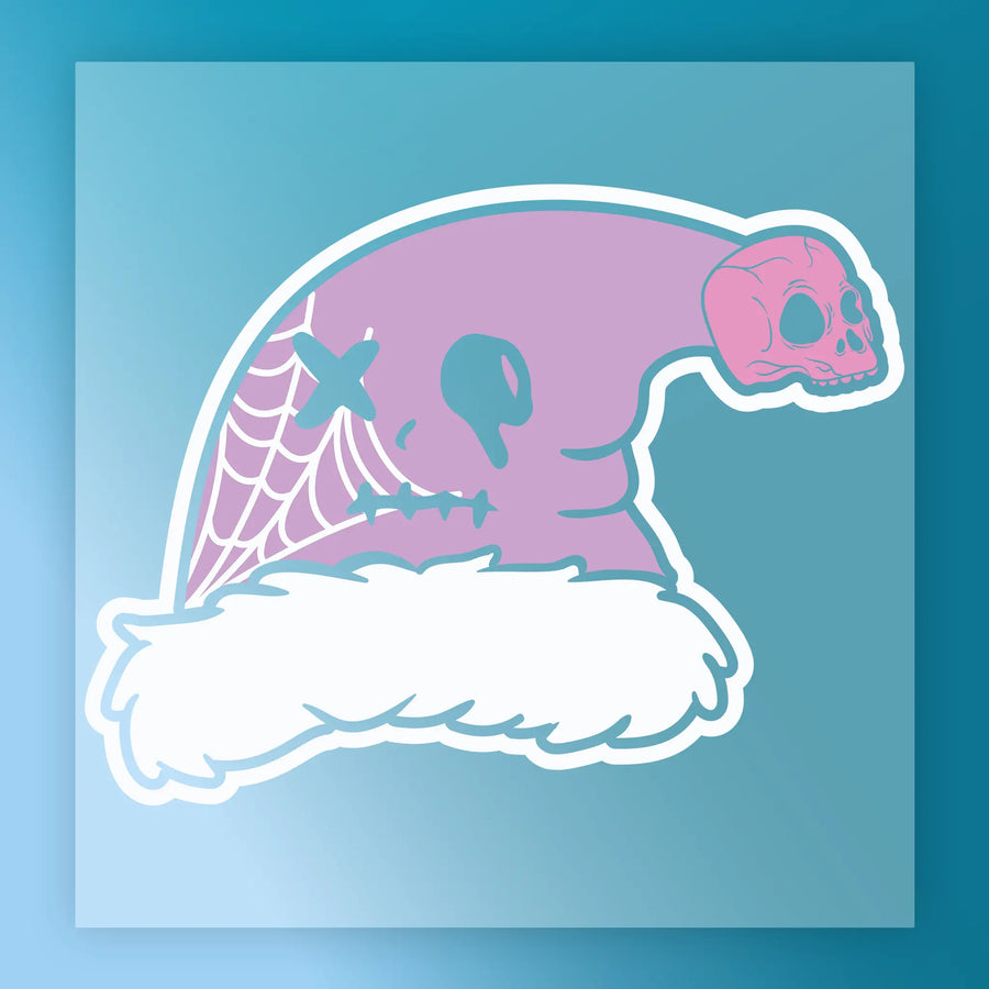 The InkMerge Gothic Santa Skull Design features a pink Santa hat with a skull, spiderweb, and stitches on a blue gradient—ideal for DTF transfers on custom apparel.