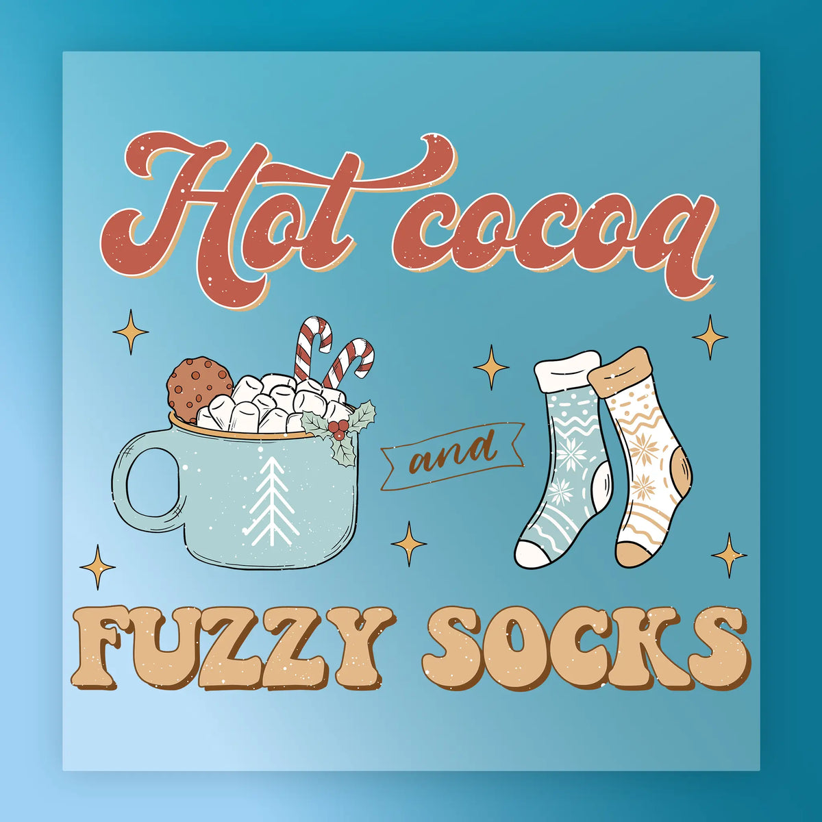 The InkMerge Hot Cocoa Fuzzy Socks Winter Design features a mug of cocoa, marshmallows, candy canes, a cookie, and cozy socks—ideal for DTF transfer designs with your heat press.