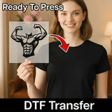 A woman holding a transparent sheet with a muscular illustration on it, and there is text that says "Ready To Press" and "DTF Transfer" below the illustration.