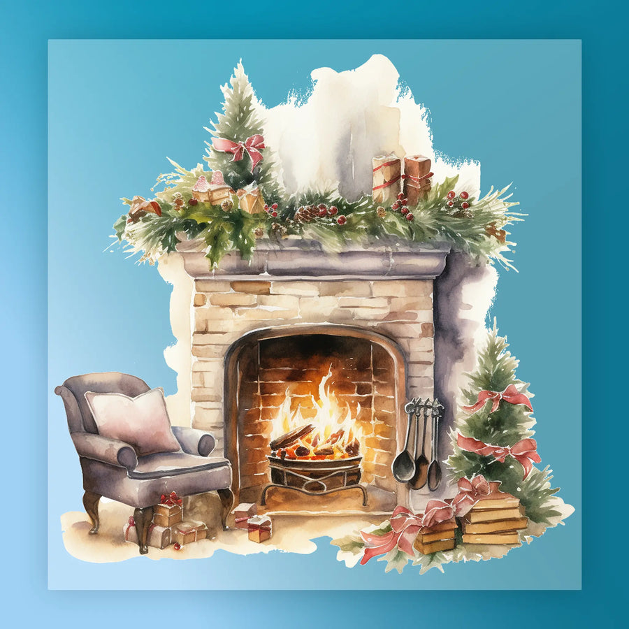 The InkMerge Festive Fireplace Holiday Scene features a stone fireplace, crackling fire, decorated mantle, Christmas tree with bows, books, and an armchair with presents—ideal as a ready to press DTF transfer design.