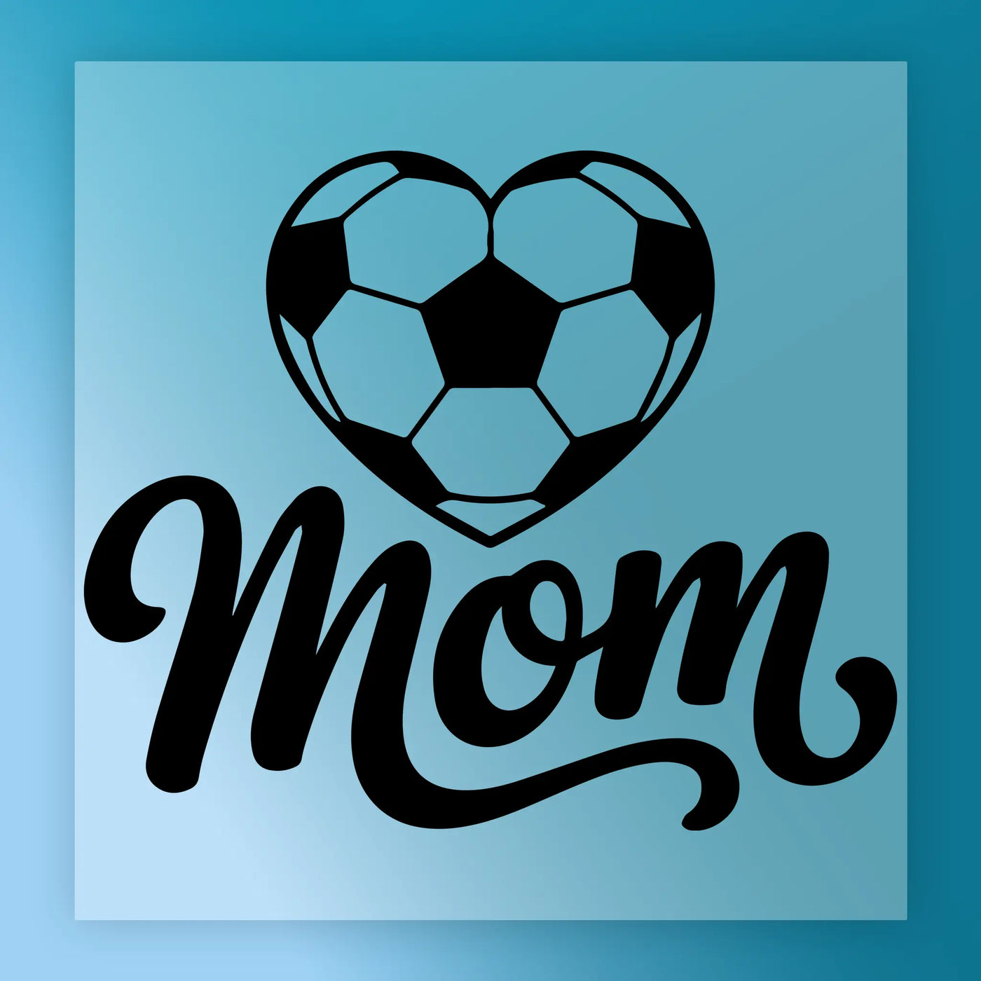 a heart-shaped soccer ball with the word "Mom" written below it in a stylized font.
