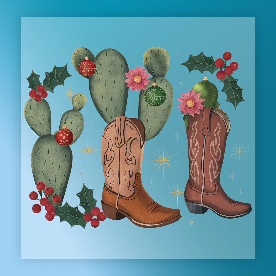 Cowboy Boots Cactus Christmas Design DTF Transfer - InkMerge Heat Press Design