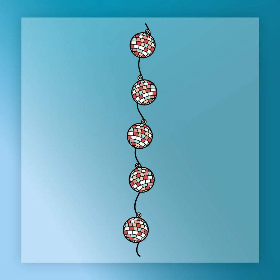 A vertical string of five pastel disco balls hangs against a gradient blue background in InkMerge's "Pastel Disco Ball Celebration - Heat Press Ready"—ideal inspiration for vibrant DTF transfer designs on custom apparel.