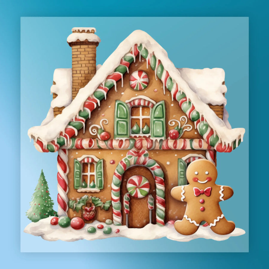 InkMerge’s Whimsical Gingerbread House Design - Heat Press Ready features a candy cane and peppermint gingerbread house on snow with a smiling gingerbread person and baubles—ideal for heat press or DTF transfer on blue backgrounds.