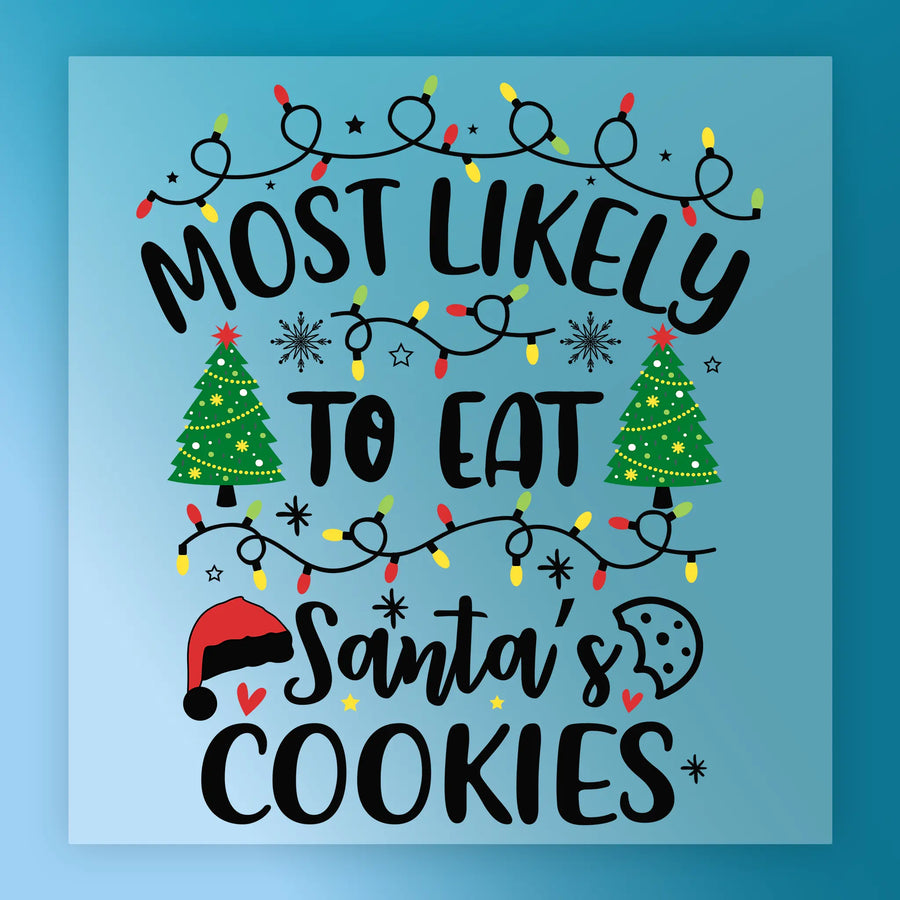 InkMerge "Most Likely to Eat Santa's Cookies" ready-to-press Christmas design features festive graphics—Christmas lights, decorated trees, snowflakes, and a bitten cookie with festive text on a blue background.