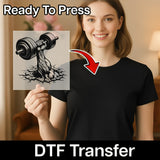 A woman holding a transparent sheet with a graphic of a hand lifting a weight, with a red arrow pointing to the hand.