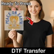A woman in a black shirt holds a transparent "I Don't Give A Sip Coffee Humor" DTF transfer by InkMerge, perfect for custom apparel. Ready To Press at the top, DTF Transfer at the bottom. An arrow points to her shirt.