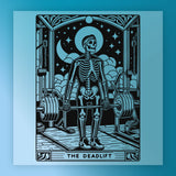 a skeleton lifting a barbell, with a night sky and stars in the background.