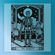a skeleton lifting a barbell, with a night sky and stars in the background.