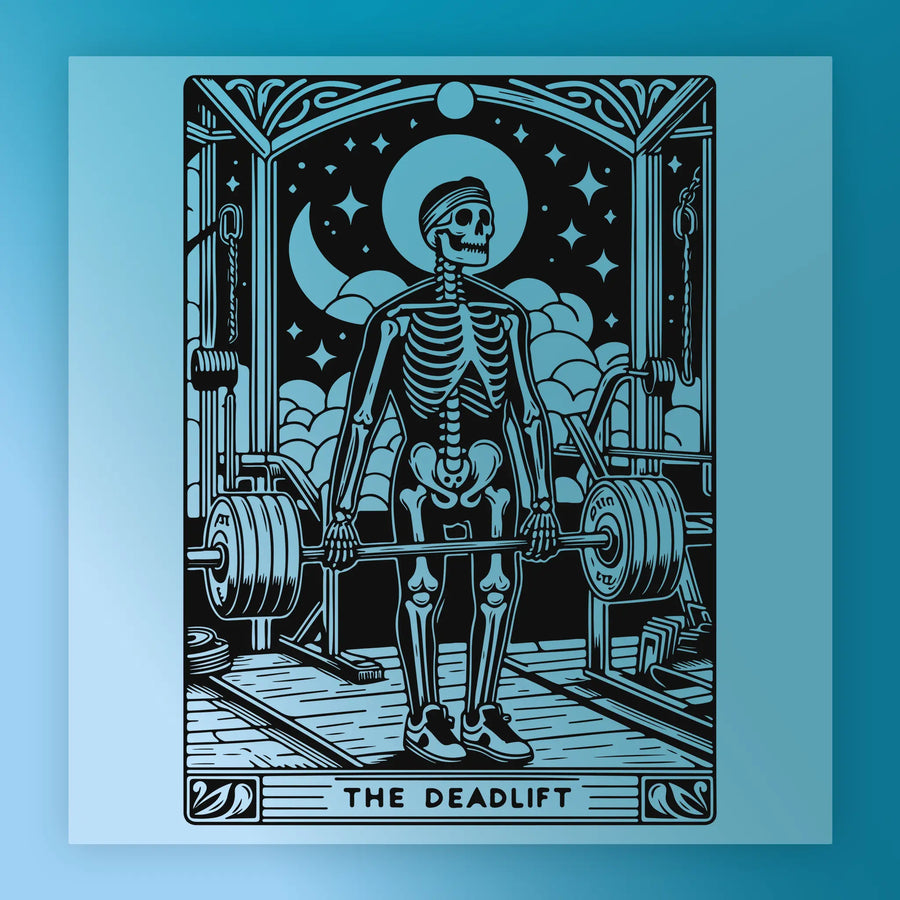 a skeleton lifting a barbell, with a night sky and stars in the background.