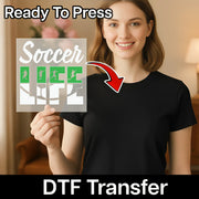 A smiling woman holding a sign with the word "Soccer" on it, with a red arrow pointing to the sign.