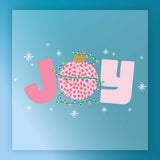 The Joy Leopard Ornament Christmas Lights DTF transfer by InkMerge features "JOY" in bold pink letters on blue, with the "O" as a festive ornament wrapped in Christmas lights and leopard print, surrounded by white snowflakes.