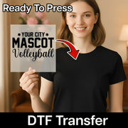A smiling woman holding a sign that says "Your City Mascot Volleyball" with a red arrow pointing to it.