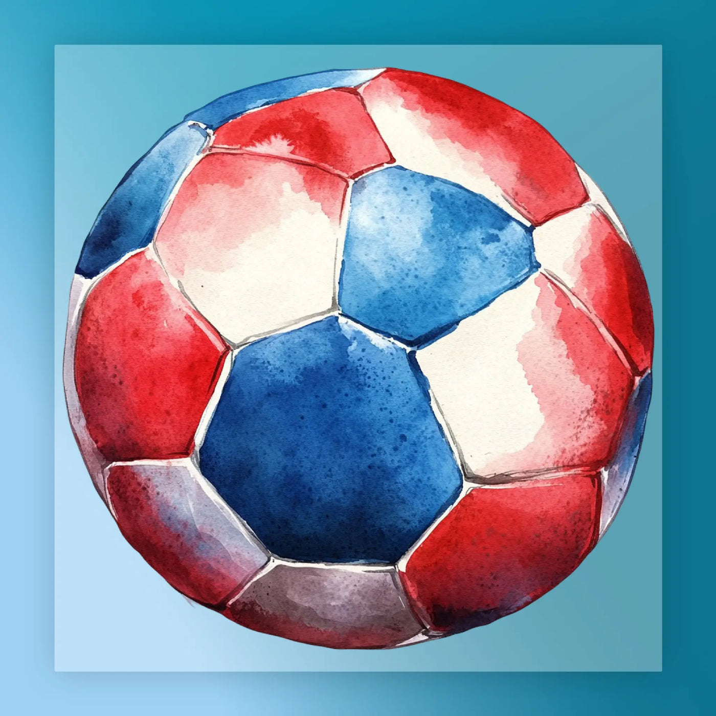 A watercolor painting of a soccer ball with red, white, and blue colors.