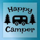 Black silhouette of a camper trailer between pine trees with “Happy Camper” in playful font on a blue gradient background—perfect for heat press projects using InkMerge’s premium DTF film or Happy Camper Outdoor Adventure transfer.