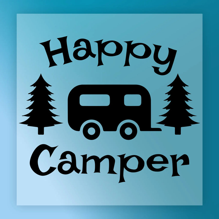 Black silhouette of a camper trailer between pine trees with “Happy Camper” in playful font on a blue gradient background—perfect for heat press projects using InkMerge’s premium DTF film or Happy Camper Outdoor Adventure transfer.