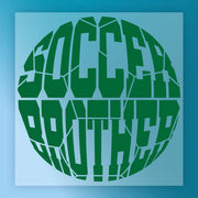 the word "SOCCER" in a stylized, circular arrangement of green letters.