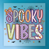 a vibrant and colorful design with the text "SPOKEY VIBES" prominently displayed. The design includes various decorative elements such as bats, spiderwebs, and flowers, creating a festive and spooky atmosphere.