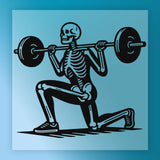 A skeleton lifting a barbell with weights, depicted in a stylized illustration.