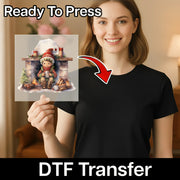 A smiling woman holds the InkMerge Nostalgic Holiday Fireplace Scene DTF Transfer, featuring a child in a red hat by a festive fireplace. Text reads "Ready To Press"—perfect for heat press or custom apparel projects.