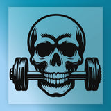 A stylized illustration of a skull with a dumbbell in its mouth, set against a blue background.