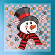 InkMerge’s Cheerful Snowman & Stars Design features a smiling snowman in a red-and-black hat and scarf, set on a pink and blue checkered background with flowers, stars, and snowflakes—ideal for holiday heat press transfers.