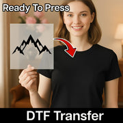 A woman holding a transparent sheet with a mountain icon on it, and there is a red arrow pointing to the icon.