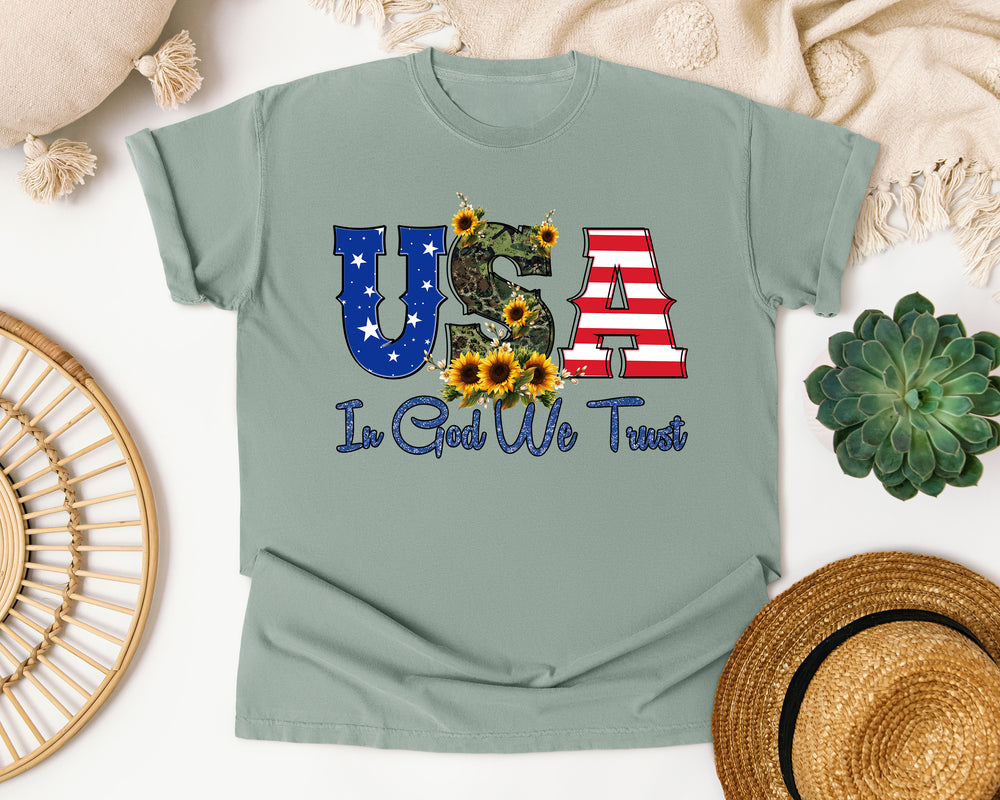 USA In God We Trust graphic tee in Bay Comfort Colors 1717