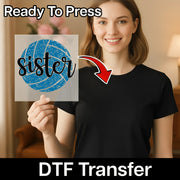 A smiling woman holding a sign with the word "sister" on it, with a red arrow pointing to the sign.