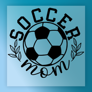 a soccer ball with the text "SOCCER MOM" written around it, along with some leaves.