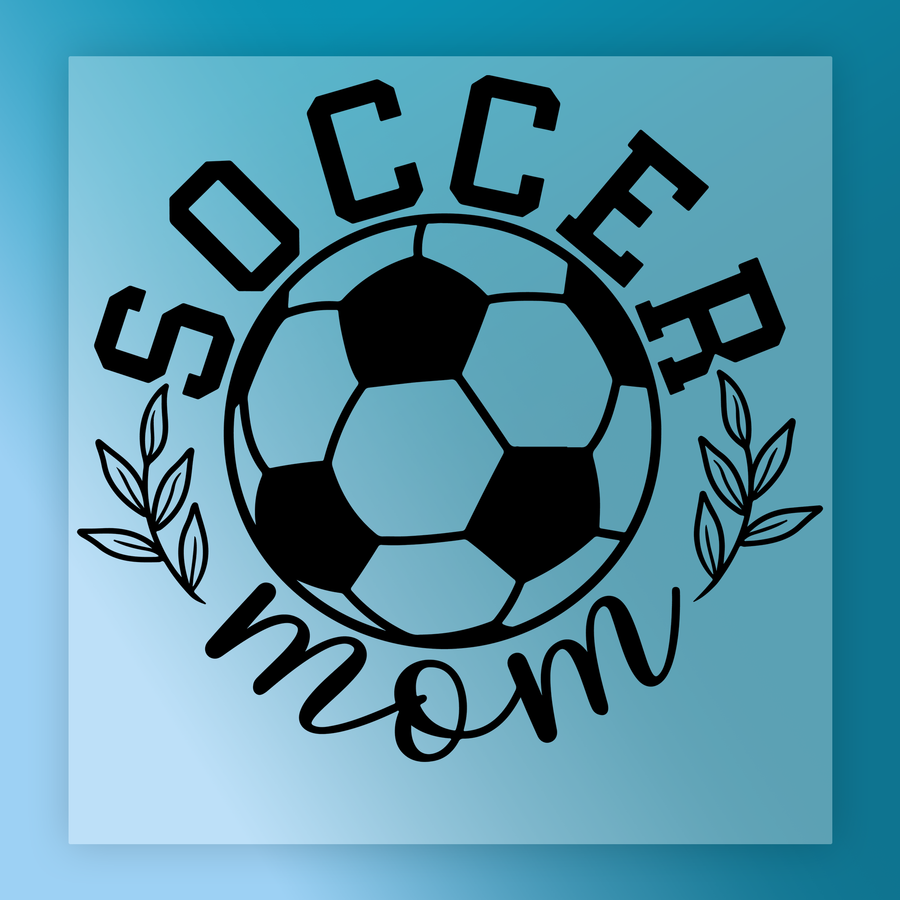 a soccer ball with the text "SOCCER MOM" written around it, along with some leaves.