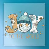 InkMerge’s Joy To The World Design features “JOY” with floral motifs; the “O” is a blue leopard-print smiley in a winter hat with star eyes. “TO THE WORLD” appears orange on blue. Great for decorating garments via DTF transfer or heat press.