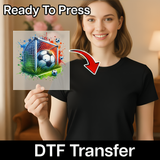 A woman holding a sign with a soccer ball graphic on it, and there is a text overlay that says "Ready To Press" and "DTF Transfer".
