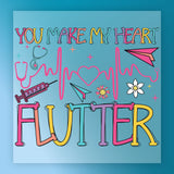 The image is a colorful and playful graphic with the text "You make my heart flutter" and various medical and floral elements.