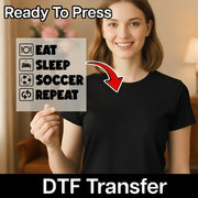 A smiling woman holding a sign with a list of activities, including "EAT", "SLEEP", "SOCCER", and "REPEAT", with a red arrow pointing to the list.
